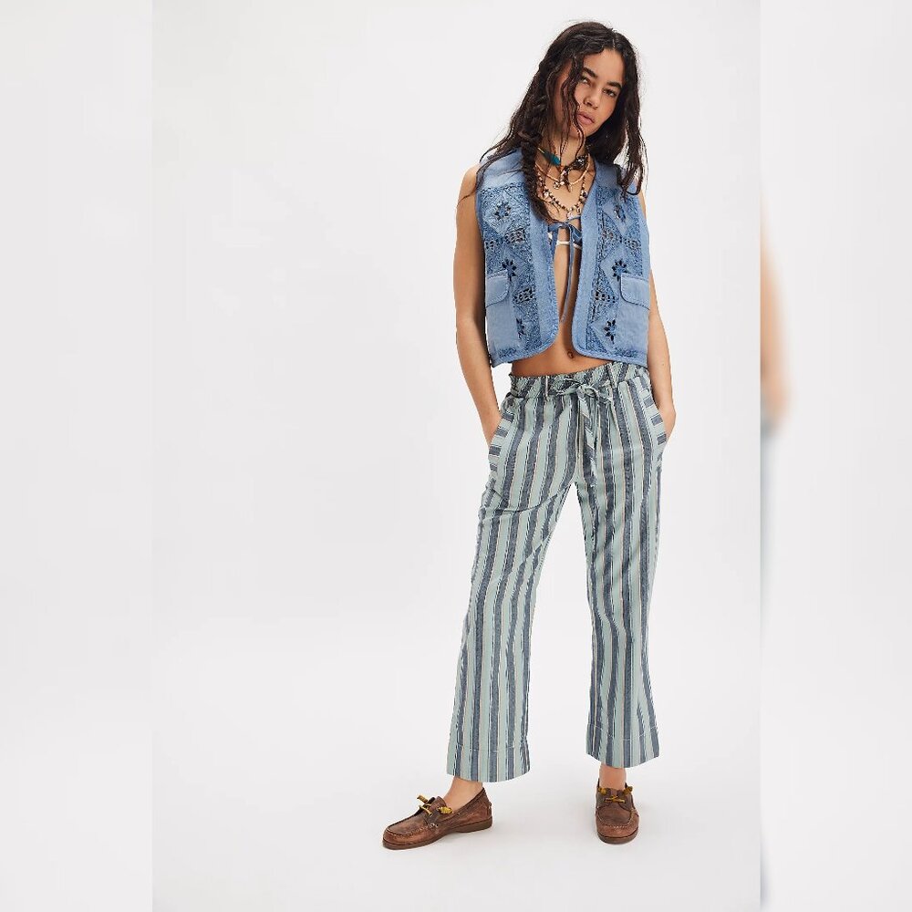 Free People Marielle Pull-On Pants L 10 Women's Striped Trousers Blue Pant 44989